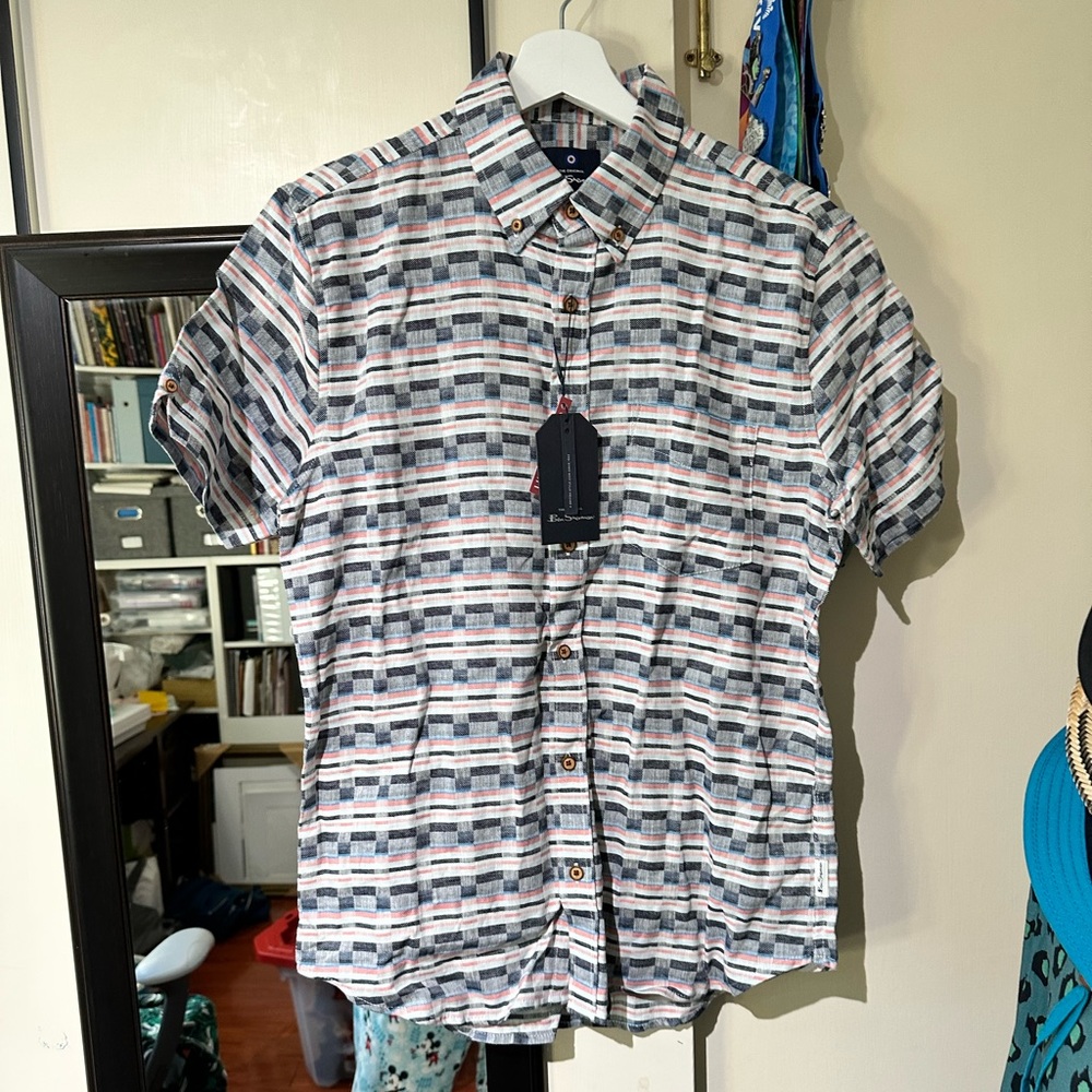 Ben Sherman NWT check twill linen-blend button-up shirt small
